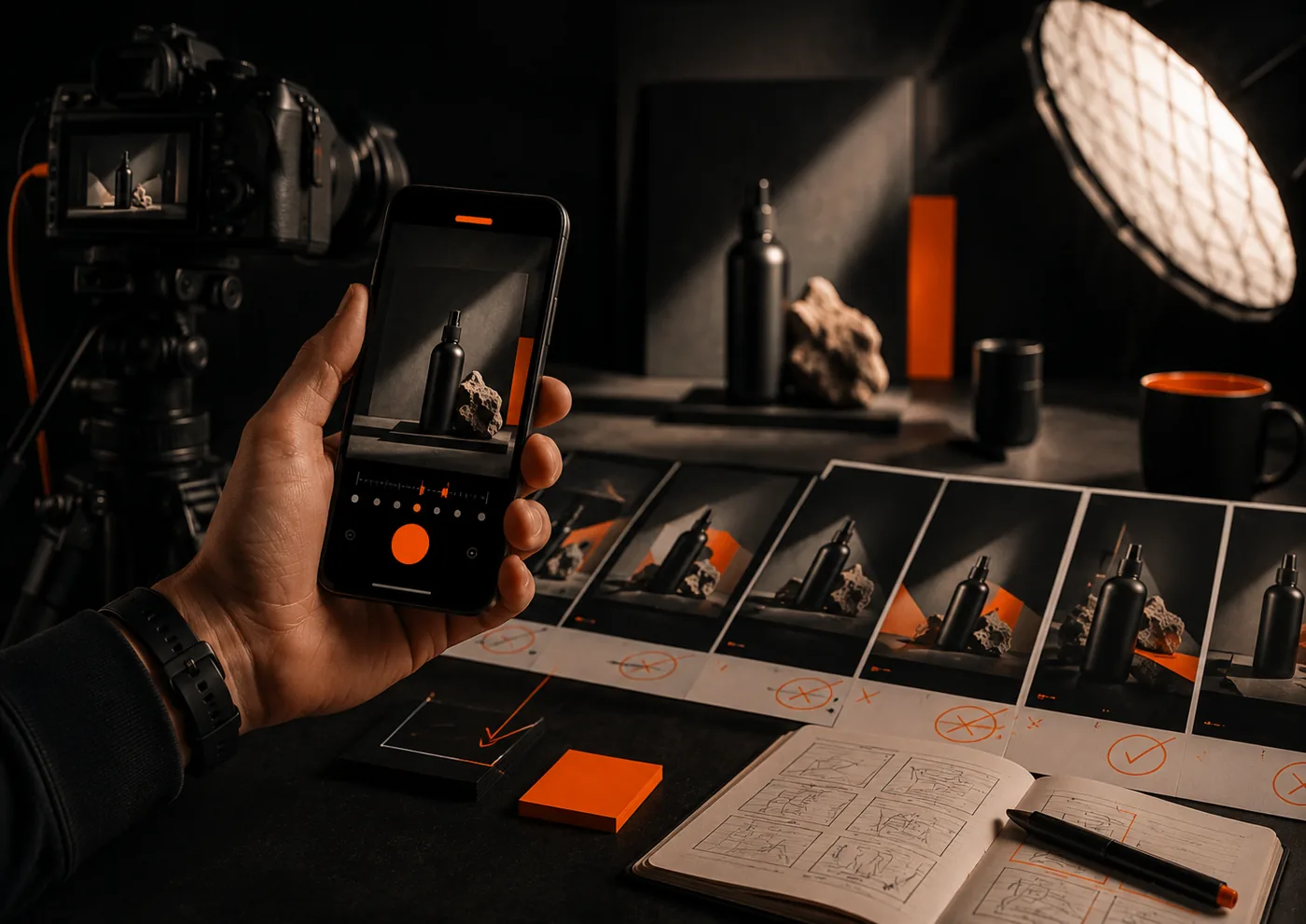 Behind the scenes of a content shoot: phone preview and storyboards