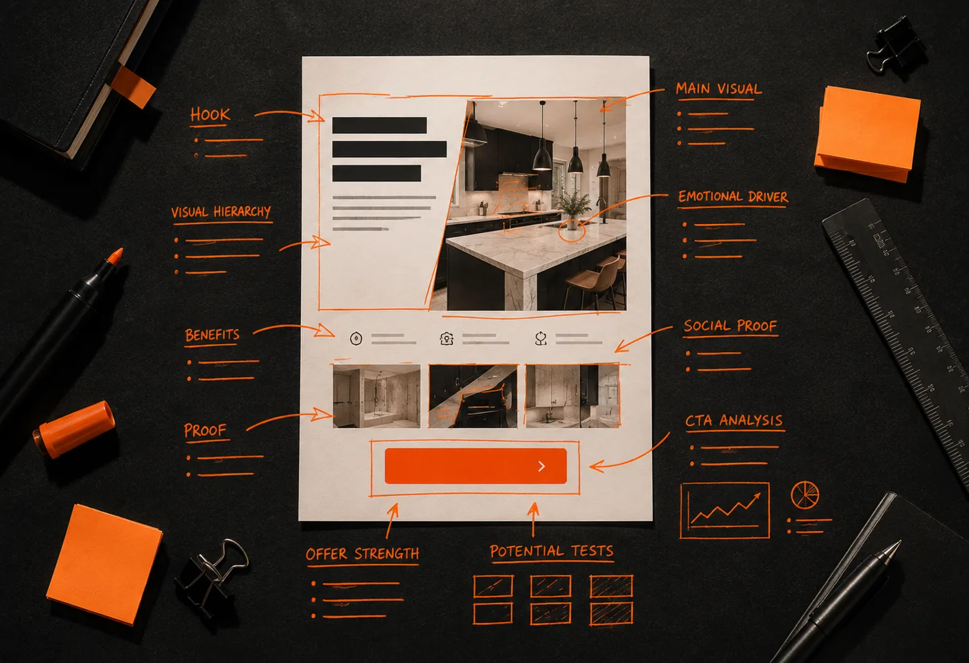 Annotated landing page wireframe: hook, benefits, proof, CTA