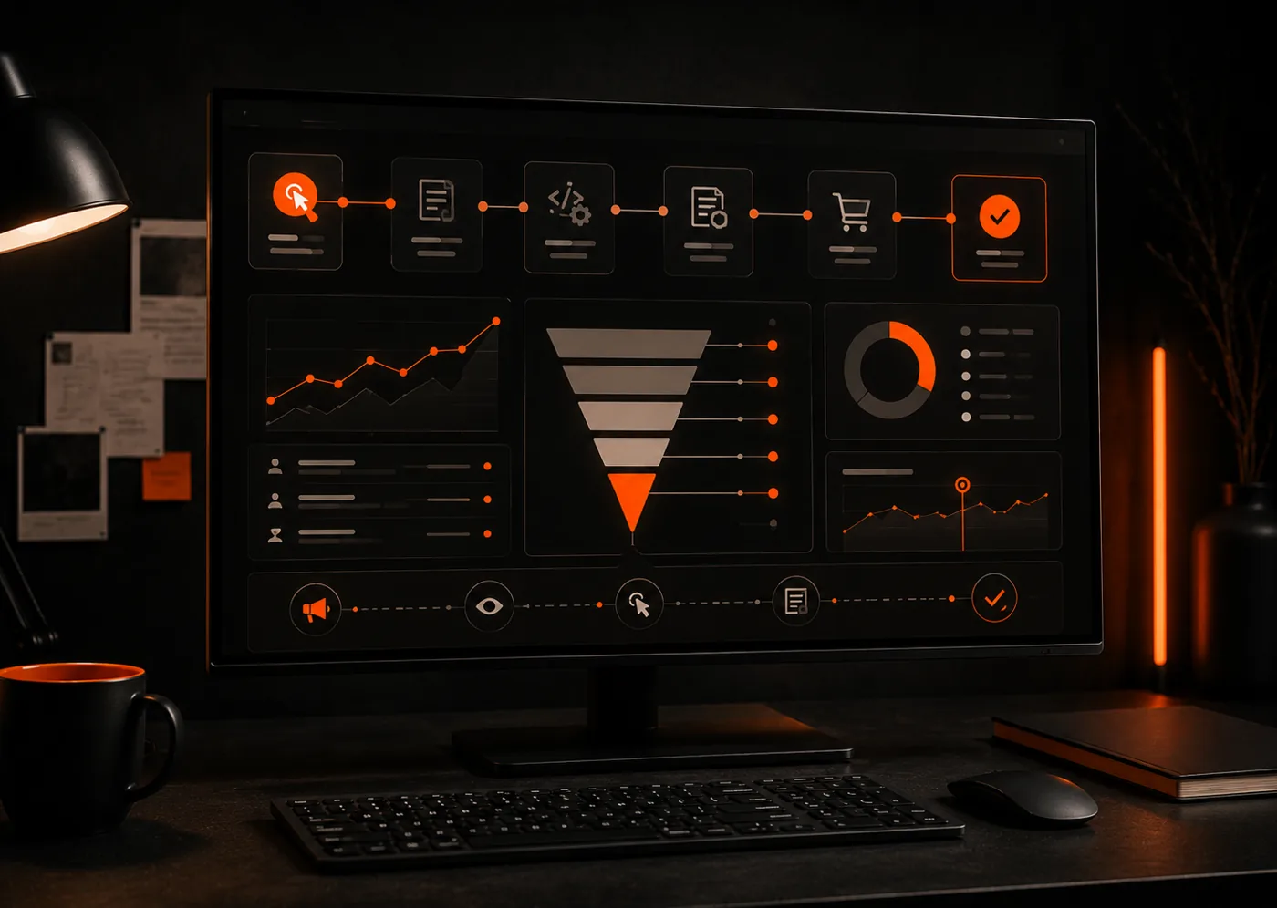 Analytics dashboard on a monitor: funnel and channel reports