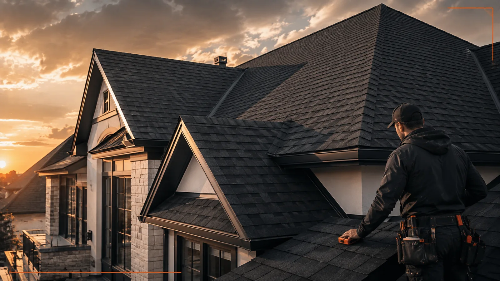 Roofer reviewing a finished asphalt shingle roof at sunset
