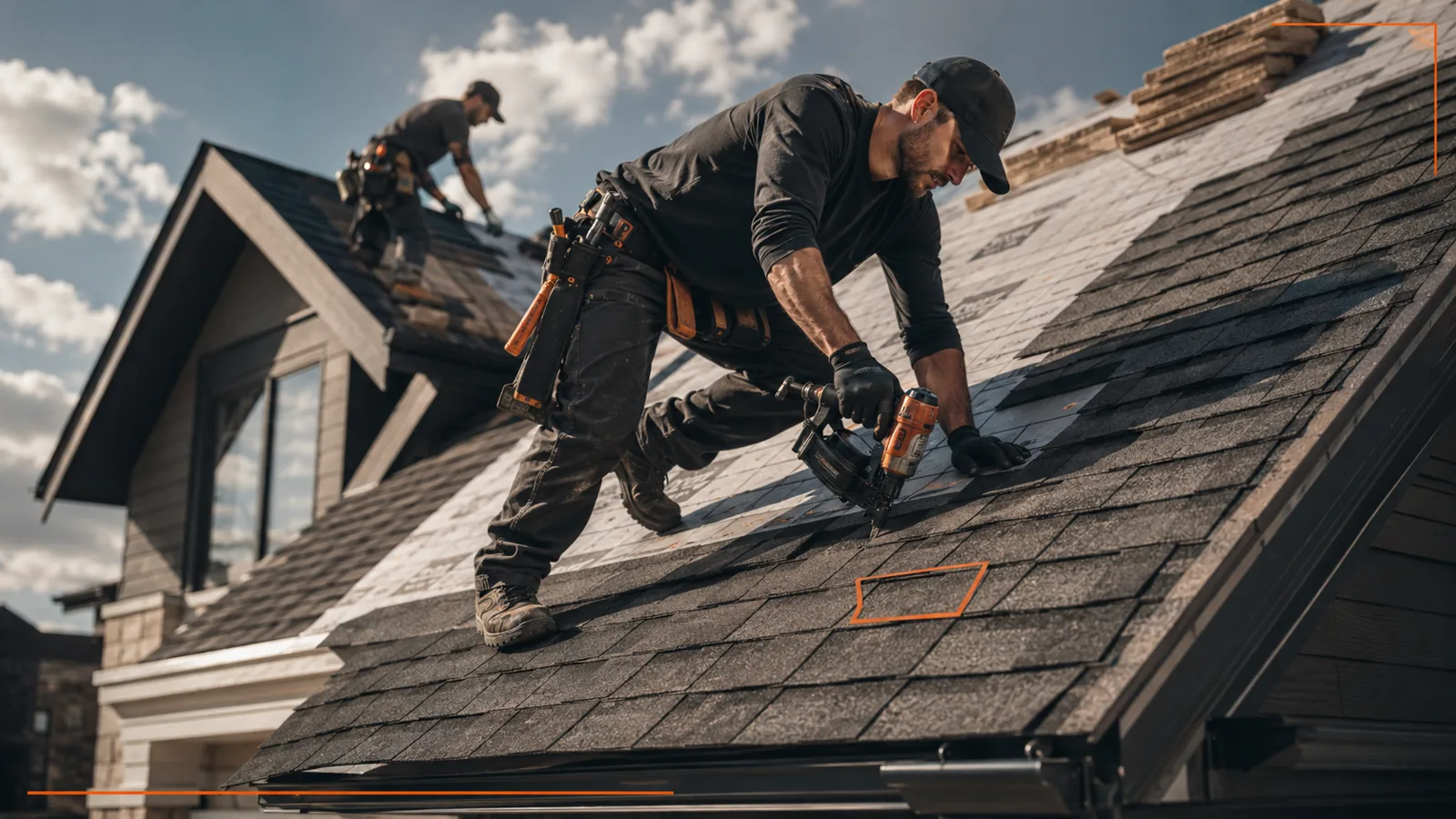 Roofing crew installing asphalt shingles on a residential roof
